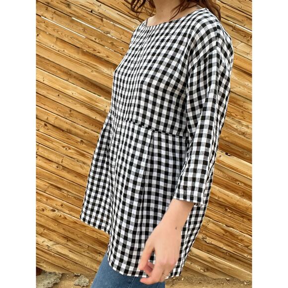 SOLD Eileen Fisher Linen Gingham 3/4 Sleeve Blouse - Picture 2 of 8